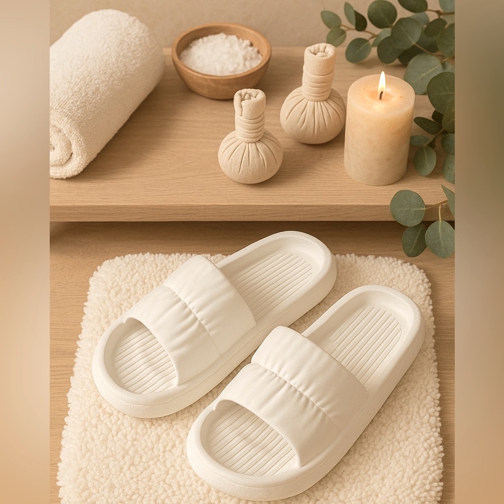 Serenity White Spa Slide Sandals | Plush Comfort for Self-Care Days